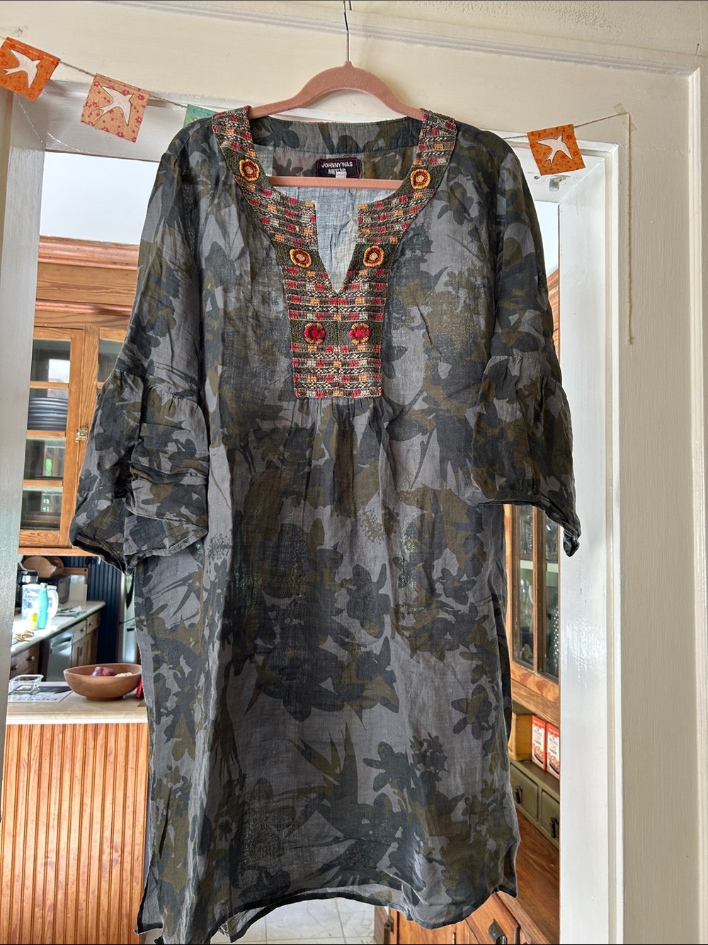 Johnny Was Embroidered Sheer Floral Tunic Dress - Black/Olive